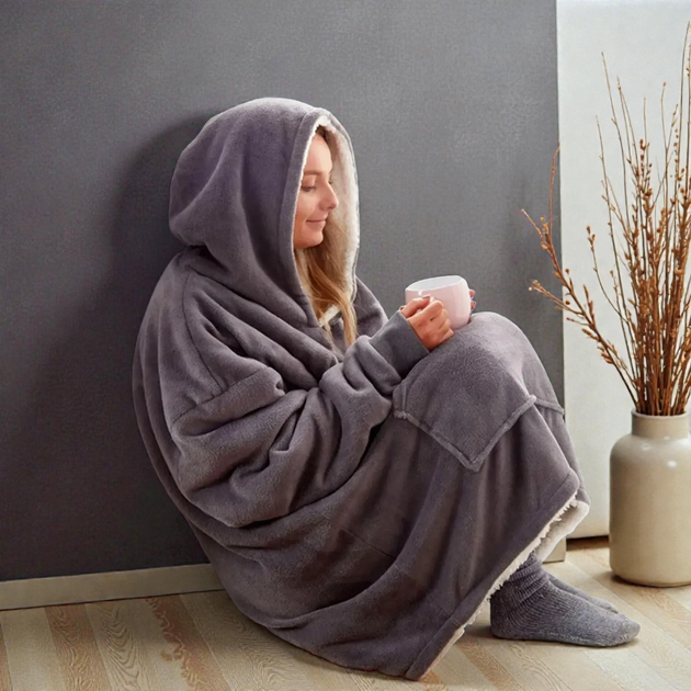 Плед-толстовка Huggle Hoodie Серый теплый плед-халат с капюшоном и рукавами - изображение 6