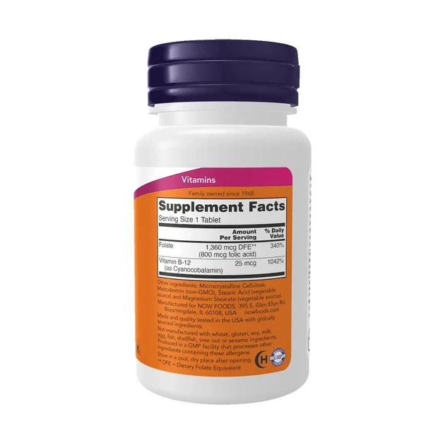 Фолиевая кислота и В12 Folic Acid Vitamin B-12, Now Foods, 250 таблеток - изображение 2