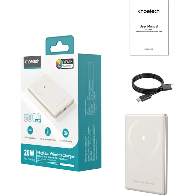 Зовнішній акумулятор Choetech Magnetic Wireless B738-WH 5000mAh 20W White [123967] - зображення 4