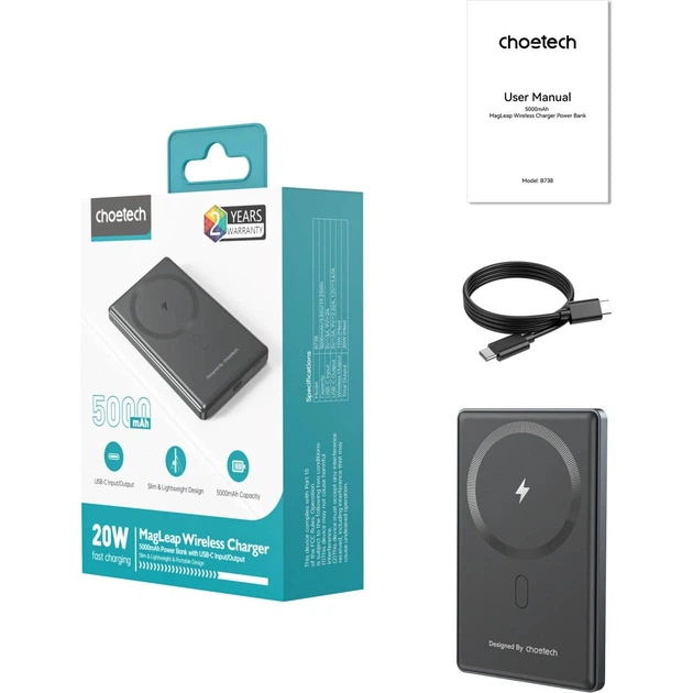 Зовнішній акумулятор Choetech Magnetic Wireless B738-BK 5000mAh 20W Black [123965] - зображення 4