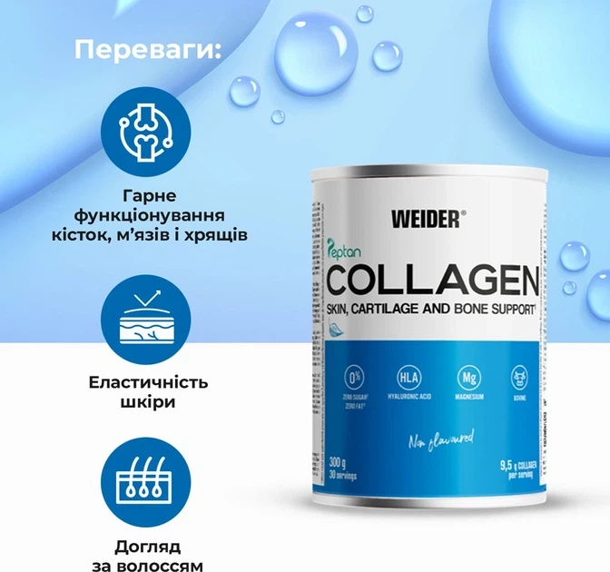 Хондропротектор для суставов Weider Collagen Peptides Пептиди колагену для кожи, суставов и волос с гиалуроновой кислотой и витамином С 300 г (8414192309032) - Фото 2 Хондропротектор для суставов Weider Collagen Peptides Пептиди колагену для кожи, суставов и волос с гиалуроновой кислотой и витамином С 300 г (8414192309032) - изображение 2