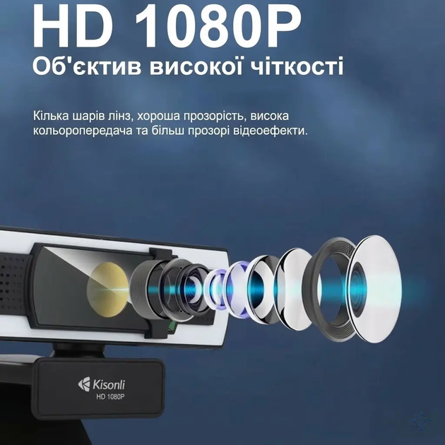 Веб-камера Kisonli D3 1080P USB, Full HD, микрофон, Plug & Play, широкоокоугольным обзором 90° – для работы, учебы, стриминга - изображение 3