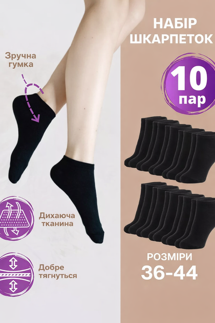 Набір жіночих чоловічих шкарпеток 10 пар чорні короткі довжина 24-26 см на розмір 36-44 (338253) - Фото 1 Набір жіночих чоловічих шкарпеток 10 пар чорні короткі довжина 24-26 см на розмір 36-44 (338253) - зображення 1