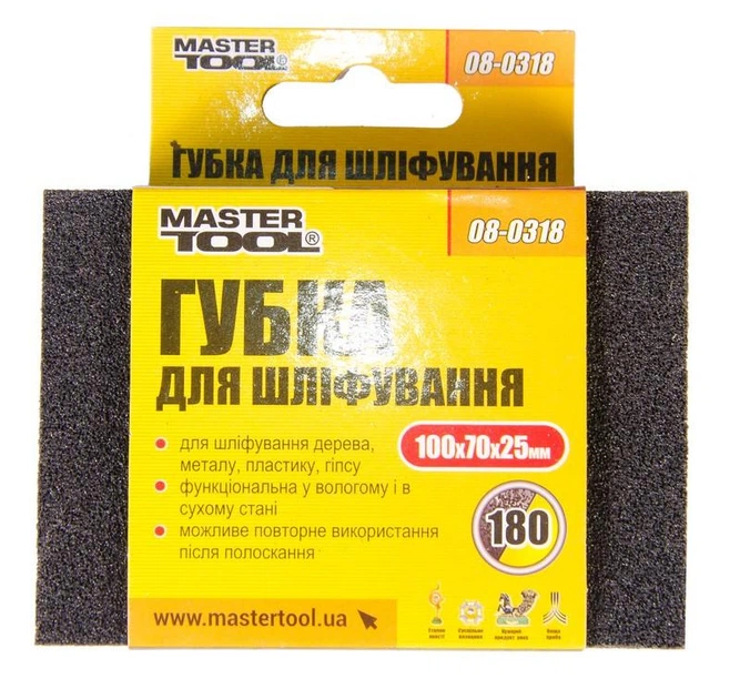 Губка для шліфування Mastertool Р180 100х70х25 мм 08-0318 - Фото 2 Губка для шліфування Mastertool Р180 100х70х25 мм 08-0318 - изображение 2