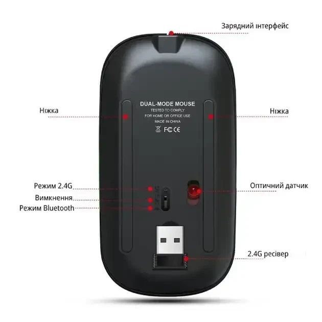 Беспроводная мышка 2в1 Bluetooth+USB 2.4G с RGB подсветкой и аккумулятором 300 mAh (тихий клик, 1600 DPI), черная - изображение 7