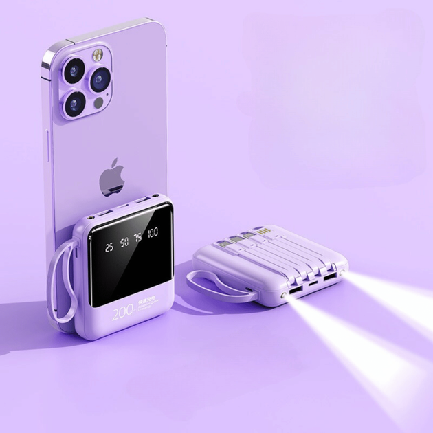 УМБ Павербанк 20000 mAh з LCD дисплеєм + LED ліхтар Power Bank HY-C40 зі швидкою зарядкою фіолетовий + Вбудований кабель-адаптер 4 в 1 - изображение 5