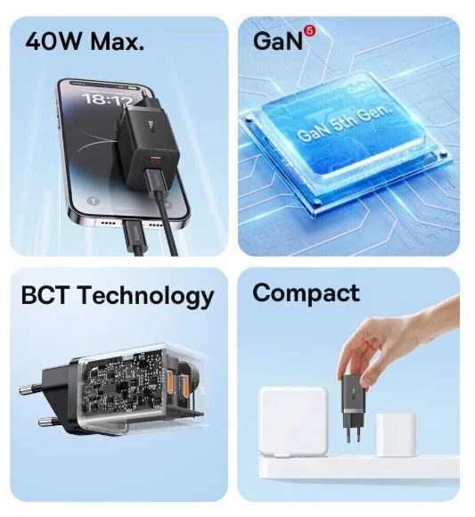 Зарядний пристрій Baseus GaN5 Pro Fast Charger 40W 2 x Type-C Black (CCGP180101) - Фото 7 Зарядний пристрій Baseus GaN5 Pro Fast Charger 40W 2 x Type-C Black (CCGP180101) - зображення 7