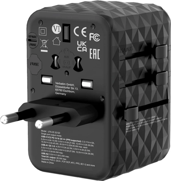 Uniwersalny adapter podróżny Verbatim UTA-05 GaN III 2 x USB-C PD 3.0 QC 4+1xUSB-A QC 3.0+1xUSB-A 65W Black (0023942321200) - obraz 2