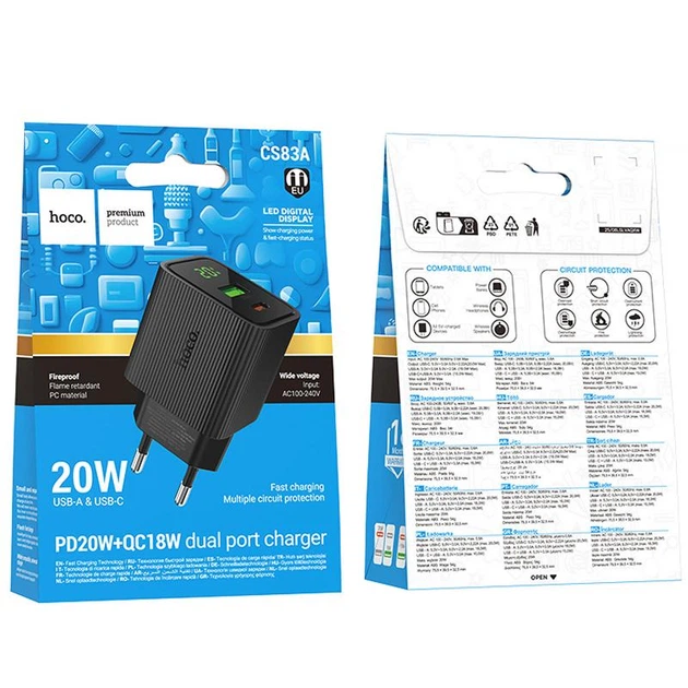 Сетевое зарядное устройство Hoco CS83A Excellent with digital display PD20W+QC3.0 (1USB-A/1C) Black - Фото 2 Сетевое зарядное устройство Hoco CS83A Excellent with digital display PD20W+QC3.0 (1USB-A/1C) Black - изображение 2