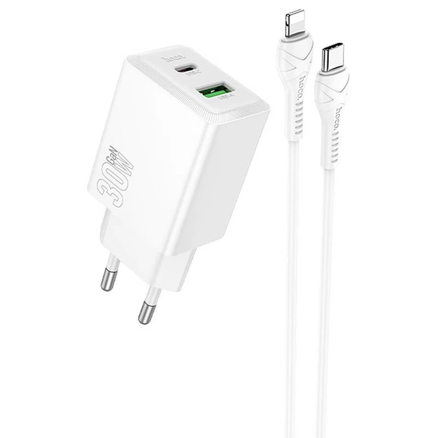 Мережевий зарядний пристрій Hoco N71 Nuevo PD30W+QC3.0 (1USB-A/1C) + кабель Type-C to Lightning White - Фото 1 Мережевий зарядний пристрій Hoco N71 Nuevo PD30W+QC3.0 (1USB-A/1C) + кабель Type-C to Lightning White - зображення 1