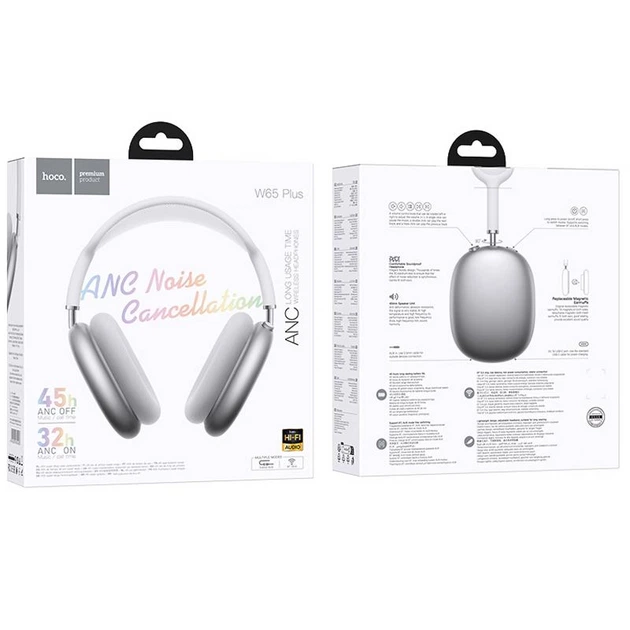 Наушники hoco. W65 Plus Happy Bluetooth 5.4, ANC (активное шумоподавление) до 32 часов Silver - Фото 1 Наушники hoco. W65 Plus Happy Bluetooth 5.4, ANC (активное шумоподавление) до 32 часов Silver - изображение 1