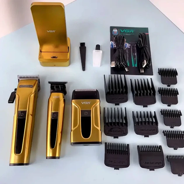 Триммер VGR V-694 Gold 3в1 с 11 насадками аккумуляторный влагозащищенный корпус нержавеющая сталь цвет золотой - изображение 9