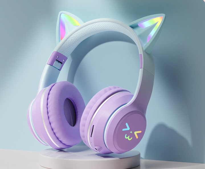 Детские беспроводные наушники CATEAR BT618 с ушками и RGB-подсветкой Bluetooth фиолетовые - изображение 3