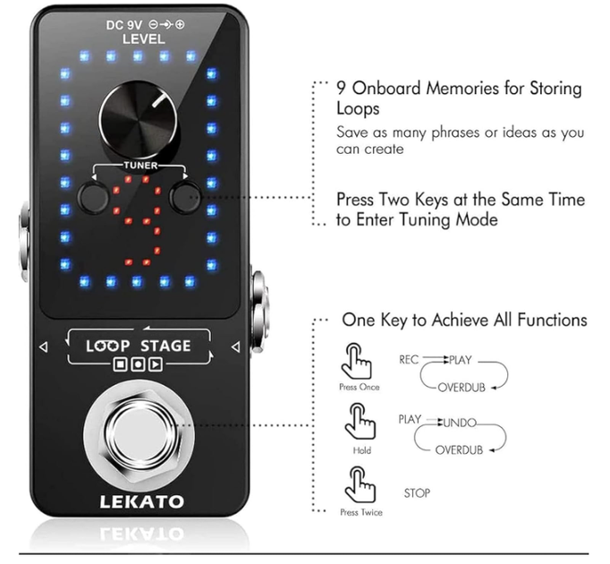 Педаль лупер LEKATO для электрогитары и баса, loop pedal с тюнером, 9 перхоти, запись до 40 минут - изображение 4