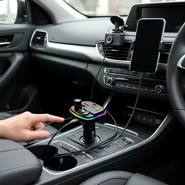 FM трансмиттер PERVOI CTC-732 с зарядкой 2xUSB Type-C Bluetooth поддержка MP3 RGB подсветка для автомобиля - изображение 3