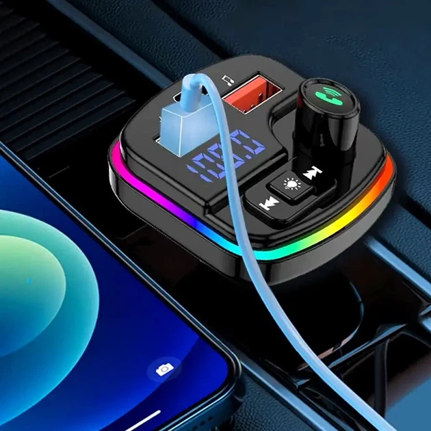 FM трансмиттер PERVOI CTC-732 с зарядкой 2xUSB Type-C Bluetooth поддержка MP3 RGB подсветка для автомобиля - изображение 7