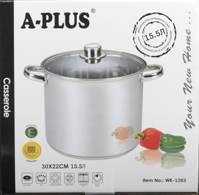 Каструля з кришкою A-Plus із нержавіючої сталі 15,5 л 30x22 см 00139388 - зображення 4