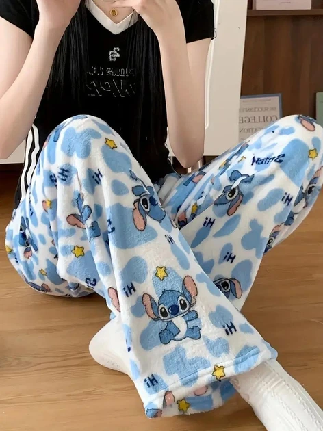 Штаны пижамные плюшевые Stich голубого цвета, теплые домашние штаны Стич, M-L - изображение 5
