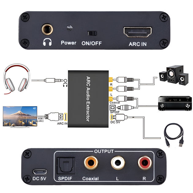 HDMI ARC аудио экстрактор Addap HAE-04, конвертер звука с HDMI на RCA/Toslink (SPDIF)/Coaxial/AUX 3.5 мм для ТВ, саундбаров и усилителей (1313) - изображение 3