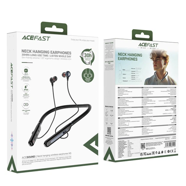 Беспроводные Bluetooth наушники AceFast N5 Sport |портативная стерео гарнитура на шею, Bluetooth 5.4, до 30 часов воспроизведения, 200 мАч, встроенный микрофон, быстрая зарядка, защита IPX4| Черный - Фото 6 Беспроводные Bluetooth наушники AceFast N5 Sport |портативная стерео гарнитура на шею, Bluetooth 5.4, до 30 часов воспроизведения, 200 мАч, встроенный микрофон, быстрая зарядка, защита IPX4| Черный - изображение 6