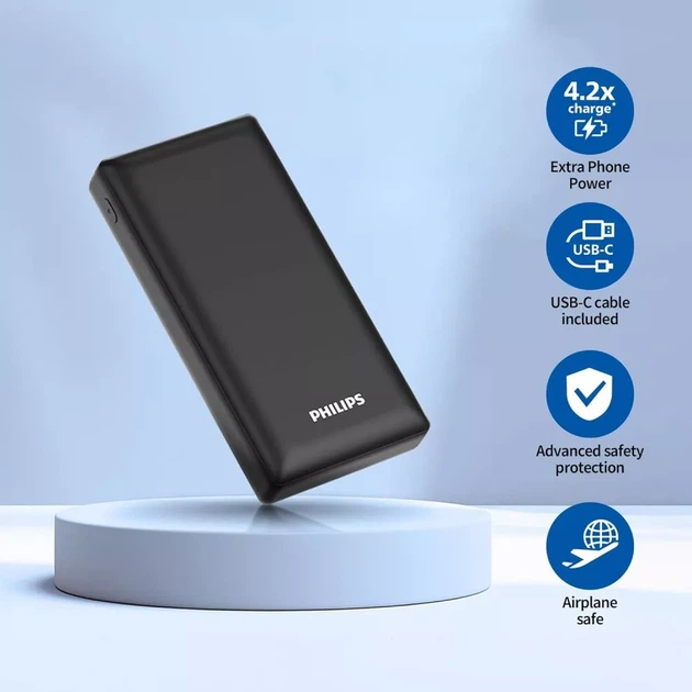 Power Bank Philips Original 20000 mAh (74Wh) | Швидка зарядка PD 20W+QC 18W | USB-C Power Delivery, PPS. Зовнішній акумулятор для смартфонів, планшетів та гаджетів - Фото 4 Power Bank Philips Original 20000 mAh (74Wh) | Швидка зарядка PD 20W+QC 18W | USB-C Power Delivery, PPS. Зовнішній акумулятор для смартфонів, планшетів та гаджетів - зображення 4