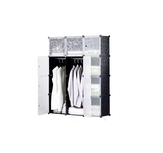 Пластикова складана шафа на 12 секцій Storage Cube Cabinet 110x37x146 см, із захистом речей від пилу вологи, чорно-біла - Фото 1 Пластикова складана шафа на 12 секцій Storage Cube Cabinet 110x37x146 см, із захистом речей від пилу вологи, чорно-біла - зображення 1
