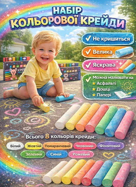 Крейда для малювання на асфальті, папері, дошці MK 0215 8 кольорів - Фото 1 Крейда для малювання на асфальті, папері, дошці MK 0215 8 кольорів - изображение 1