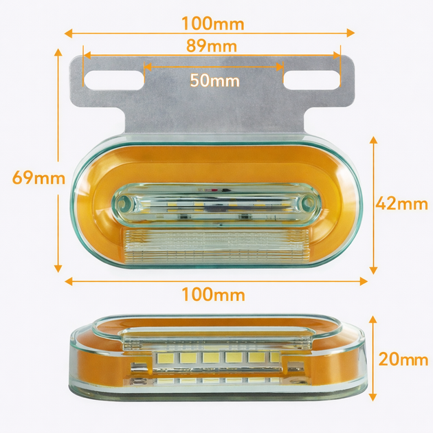 Світлодіодний габаритний LED ліхтар 12 діодів 100×70 мм (12V/24V) жовтого світіння для причепів і вантажівок - зображення 3
