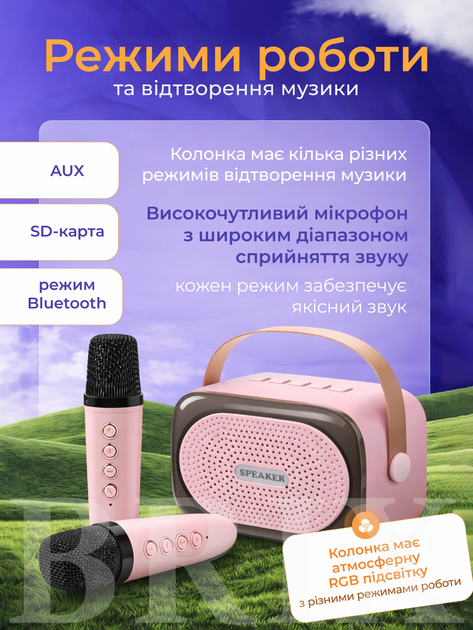Дитяча портативна караоке-система P7 Рожева з 2 бездротовими мікрофонами Bluetooth RGB-підсвіткою та функцією зміни голосу - Фото 2 Дитяча портативна караоке-система P7 Рожева з 2 бездротовими мікрофонами Bluetooth RGB-підсвіткою та функцією зміни голосу - зображення 2