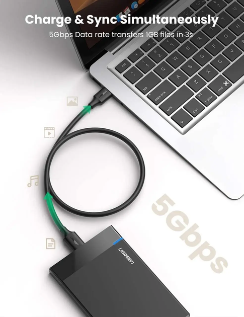 Кабель UGREEN US130 USB 3.0 A Male to Micro USB 3.0 Male Cable 2m (Black)(UGR-10843) - изображение 2