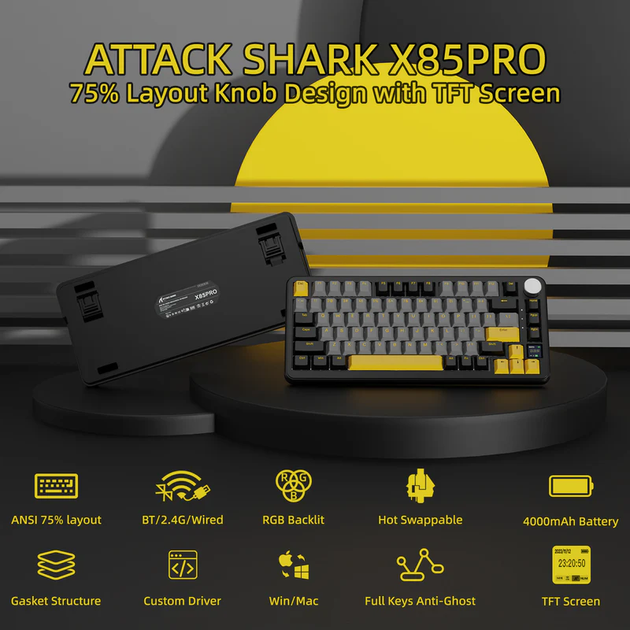 Ігрова механічна бездротова клавіатура Attack Shark X85 Pro / Три режими підключення / Blueberry Switch / Black - зображення 3