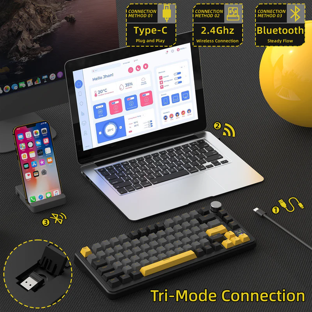Ігрова механічна бездротова клавіатура Attack Shark X85 Pro / Три режими підключення / Blueberry Switch / Black - зображення 4