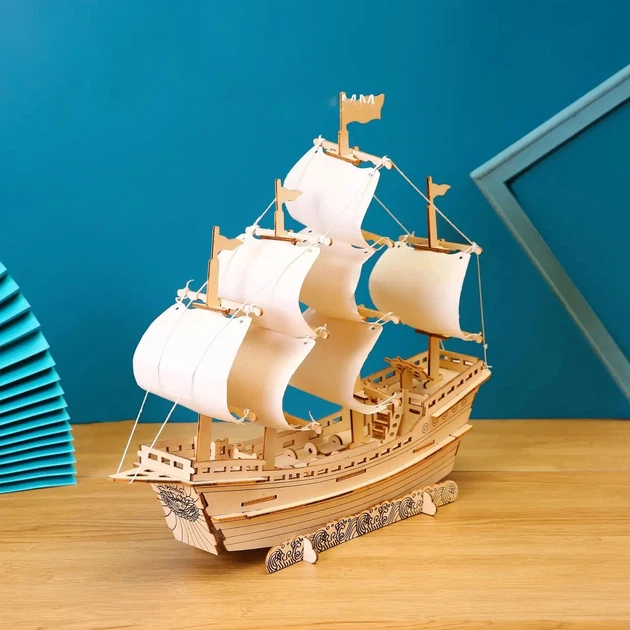 Деревянная 3D модель "Парусный корабль" (78 деталей) - Фото 1 Деревянная 3D модель "Парусный корабль" (78 деталей) - изображение 1