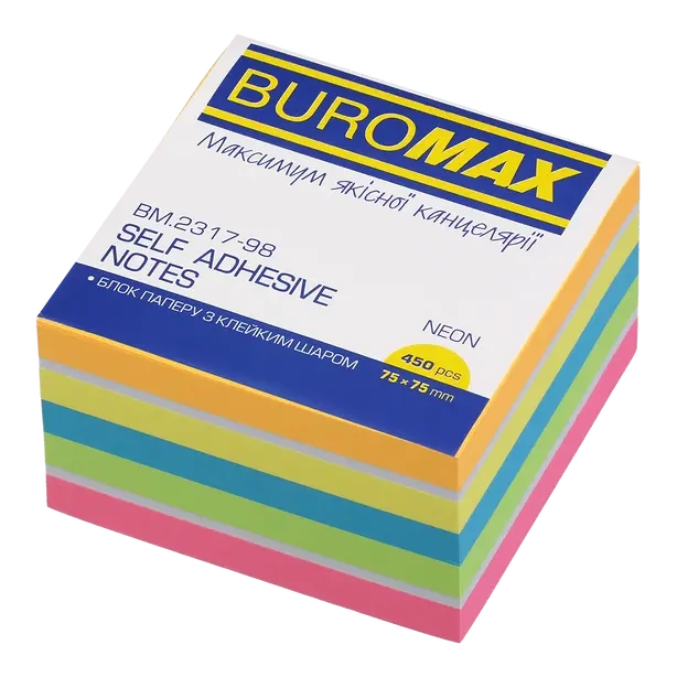 Стікер для нотаток Buromax 75х75мм 450арк неон 5 кольорів+білий (BM.2317-98) - Фото 1 Стікер для нотаток Buromax 75х75мм 450арк неон 5 кольорів+білий (BM.2317-98) - зображення 1