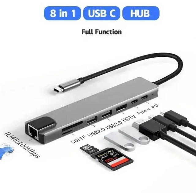 USB Type-C Переходник Хаб концентратор 8 в 1 HDMI SD TF RJ45 для Windows Android OTG Macbook - изображение 6