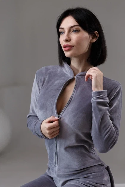 Жіноча велюрова піжама жакет SweetJama Delight з кишенею на попі М сіра - Фото 6 Жіноча велюрова піжама жакет SweetJama Delight з кишенею на попі М сіра - зображення 6