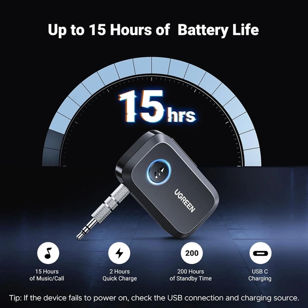 Bluetooth 5.4 адаптер UGREEN AUX - Автомобильный ресивер с микрофоном и шумоподавлением (15 ч работы) - изображение 4