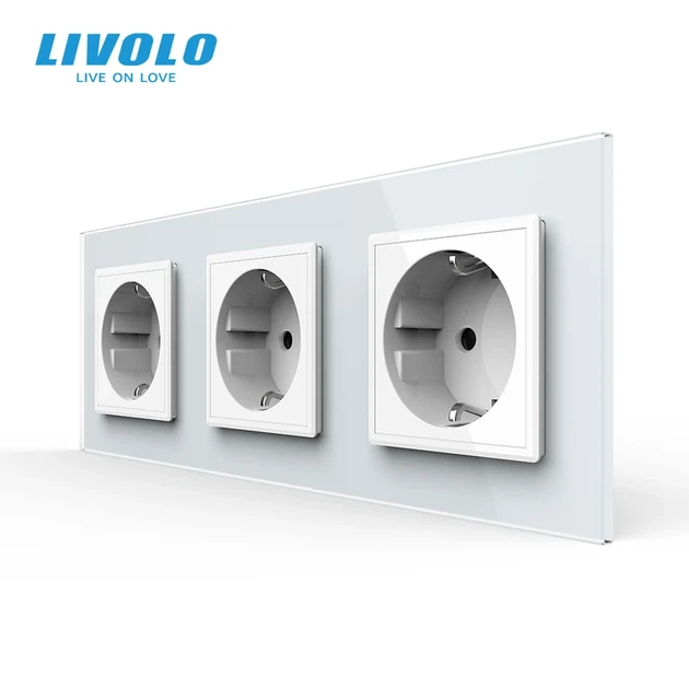 Потрійна електрична розетка з заземленням LIVOLO, біла, скляна рамка, шторки, 250В 16А (VL-C7C3EU-11) (VL-C7FCTC16A-6WP) - Фото 1 Потрійна електрична розетка з заземленням LIVOLO, біла, скляна рамка, шторки, 250В 16А (VL-C7C3EU-11) (VL-C7FCTC16A-6WP) - зображення 1