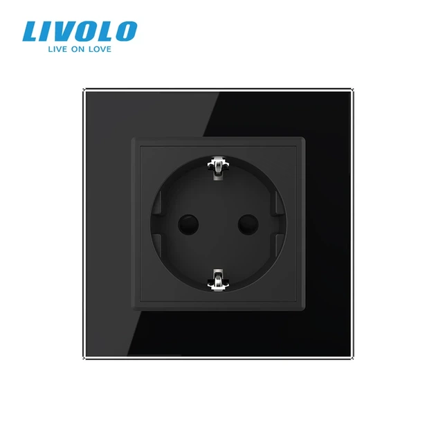 Електрична розетка з заземленням LIVOLO, чорна, скляна матова рамка, шторки, 250В 16А - зображення 2