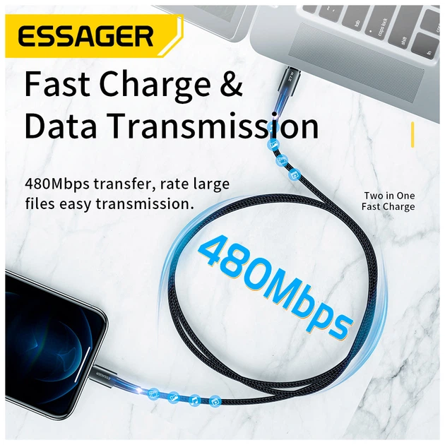 Дата кабель USB-C to Lightning 0.5m 20W black Essager (EXCTL-CGB01) - Фото 4 Дата кабель USB-C to Lightning 0.5m 20W black Essager (EXCTL-CGB01) - изображение 4