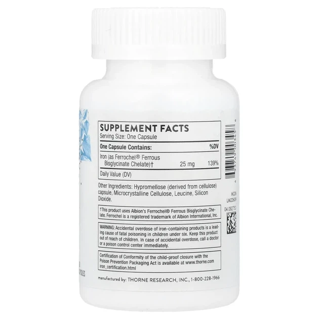 Залізо Thorne (Iron Bisglycinate) 25 мг 60 капсул (THR-00345) - изображение 2