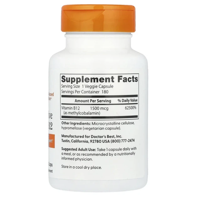Активний вітамін B12 Doctor's Best (Active Vitamin B12) 1500 мкг 180 веганських капсул (DRB-00516) - изображение 2