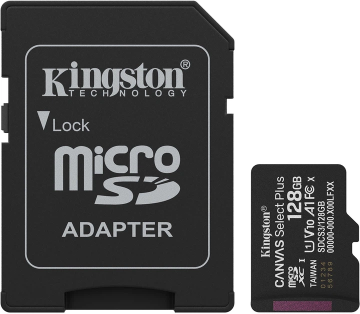 Карта Пам'яті Kingston Canvas Select Plus Gen3 microSDXC (UHS-1) 128gb 10 Class Чорний - Фото 1 Карта Пам'яті Kingston Canvas Select Plus Gen3 microSDXC (UHS-1) 128gb 10 Class Чорний - зображення 1