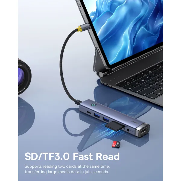 USB-хаб Baseus UltraJoy Series 7-Port HUB AIR Space Grey (Type-C to HDMI4K@60Hz*1+USB3.0*2+PD*1+SD/TF3.0*1+3.5mm*1) (B00052803811-02) - зображення 2