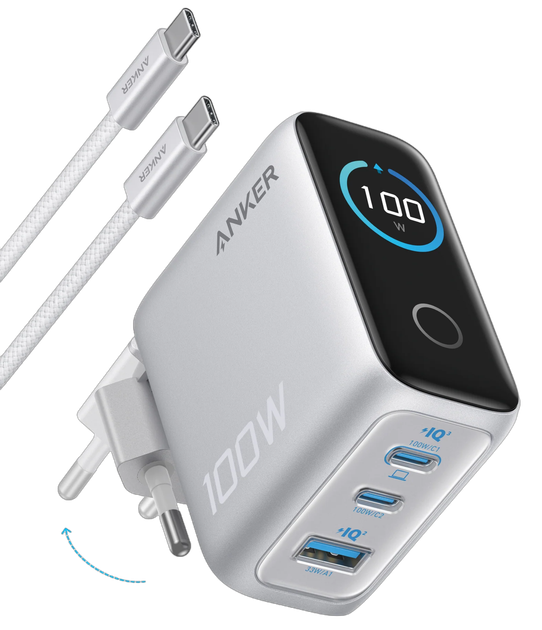 Мережева зарядка ANKER GaN Charger 100W, 2xUSB-C PD & 1xUSB-A w Display and Cable (Silver) - Фото 1 Мережева зарядка ANKER GaN Charger 100W, 2xUSB-C PD & 1xUSB-A w Display and Cable (Silver) - зображення 1