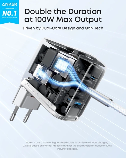 Мережева зарядка ANKER GaN Charger 100W, 2xUSB-C PD & 1xUSB-A w Display and Cable (Silver) - Фото 2 Мережева зарядка ANKER GaN Charger 100W, 2xUSB-C PD & 1xUSB-A w Display and Cable (Silver) - зображення 2