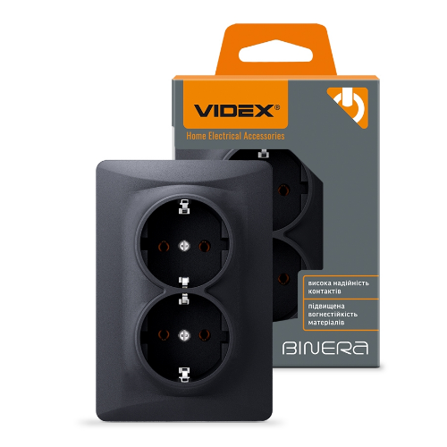 BINERA чорний графіт Розетка внутрішня 2-а із заземленням Videx - Фото 2 BINERA чорний графіт Розетка внутрішня 2-а із заземленням Videx - изображение 2