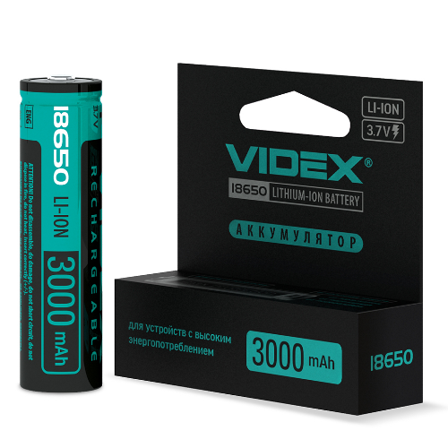 Акумулятор 18650 Li-lon 3,7V 3000mAh захист (бл-1шт) Videx - Фото 3 Акумулятор 18650 Li-lon 3,7V 3000mAh захист (бл-1шт) Videx - зображення 3