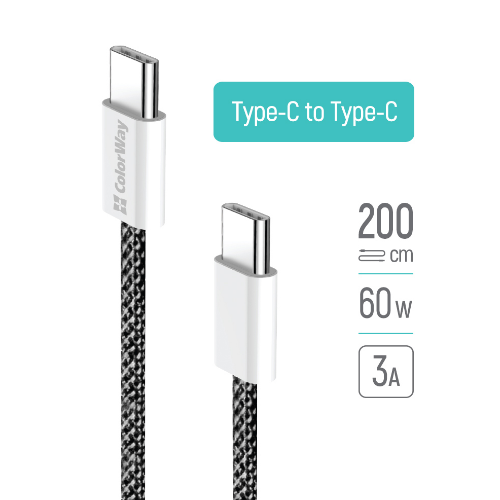 Кабель USB PD Type-C/Type-C ColorWay CW-CBPDCC068-BK 3,0A 60W 2м чорний - Фото 4 Кабель USB PD Type-C/Type-C ColorWay CW-CBPDCC068-BK 3,0A 60W 2м чорний - зображення 4