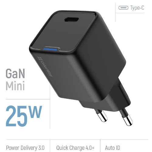Зарядний пристрій мережевий Type-C PD 25W чорний GaN Mini ColorWay - Фото 3 Зарядний пристрій мережевий Type-C PD 25W чорний GaN Mini ColorWay - изображение 3